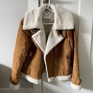 Zara women suede and shearling leather aviator flight jacket bomber